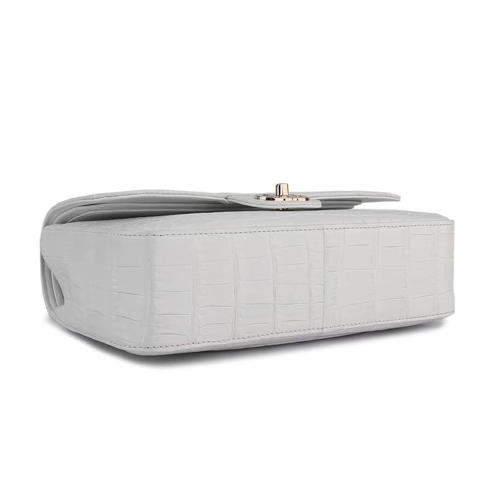 White crocodile leather shoulder handbag with classic flap and chain strap by Rossie Viren for women.