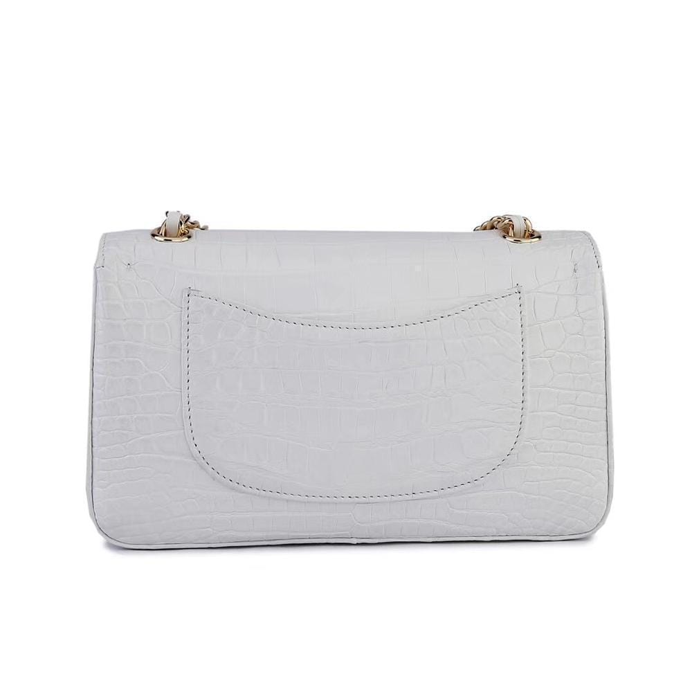 White crocodile leather shoulder handbag with classic flap and chain strap by Rossie Viren for women.