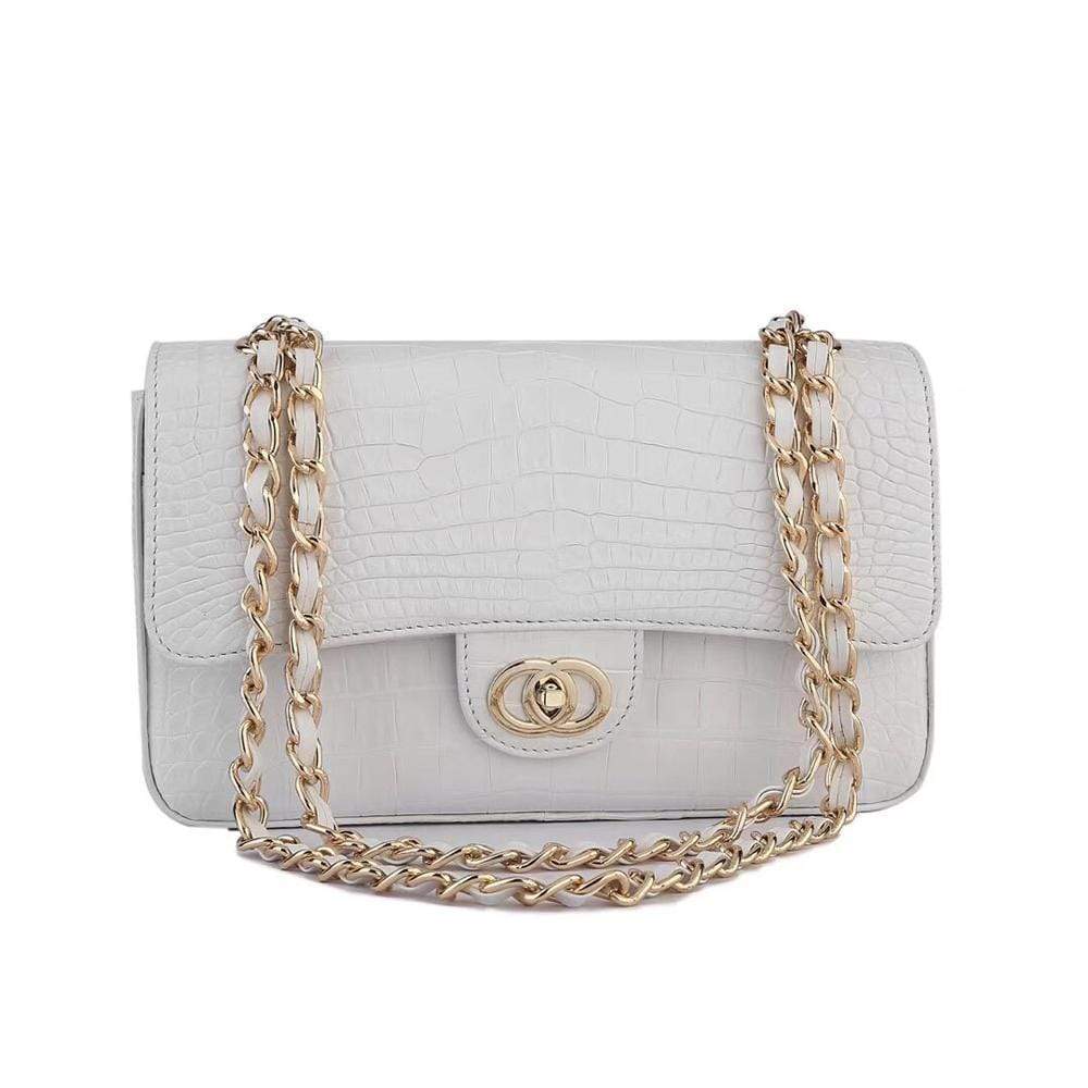 White crocodile leather shoulder bag with flap and chain strap by Rossie Viren, stylish and elegant women's handbag.