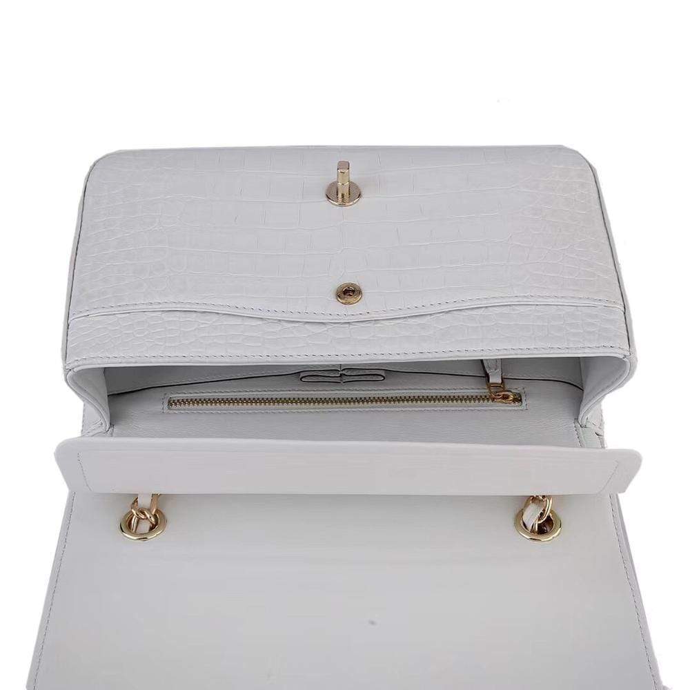 White crocodile leather shoulder handbag with classic flap and chain strap by Rossie Viren, stylish and elegant for women.