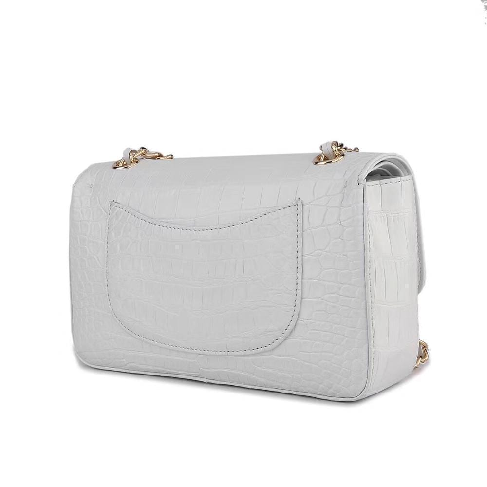 White crocodile leather shoulder handbag with classic flap and chain strap by Rossie Viren for women.