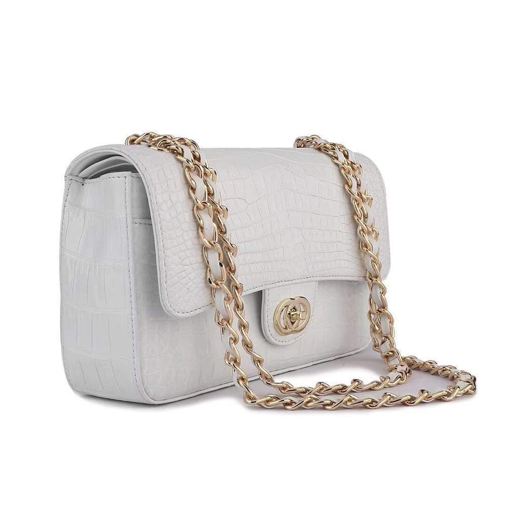White crocodile leather shoulder handbag with classic flap and chain strap by Rossie Viren for women.