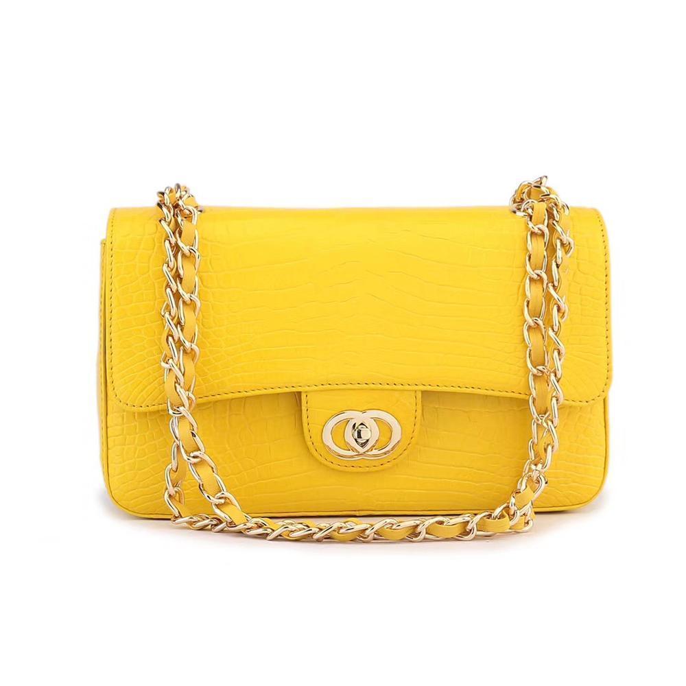 Yellow crocodile leather shoulder handbag with classic flap and chain strap by Rossie Viren, stylish for women.