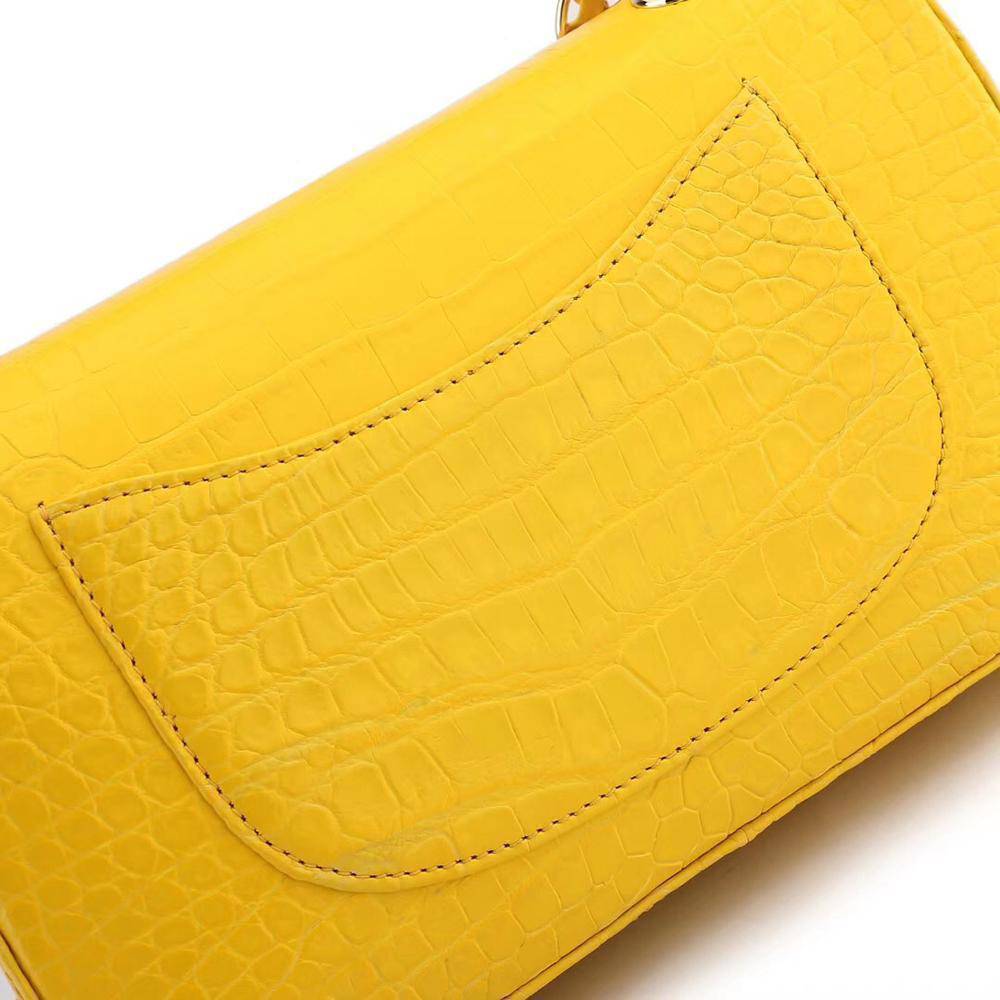 Yellow crocodile leather classic flap chain shoulder handbag for women by Rossie Viren, featuring a stylish and elegant design.