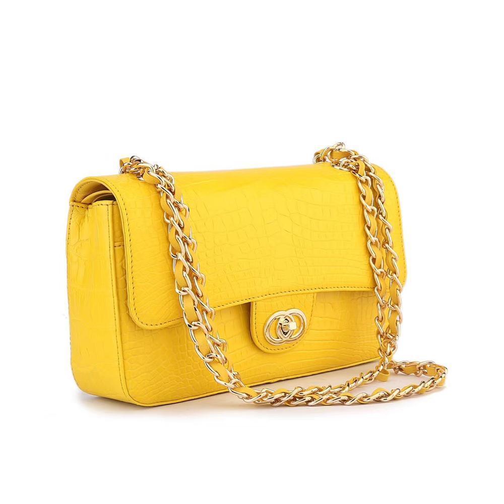 Yellow crocodile leather handbag with classic flap and chain shoulder strap by Rossie Viren, stylish women's shoulder bag.