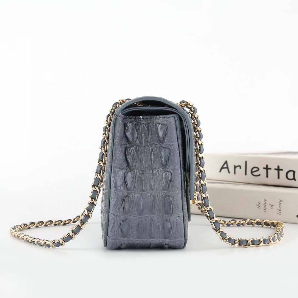 Dark grey crocodile leather flap chain shoulder handbag by Rossie Viren, featuring a sleek design and elegant chain strap.