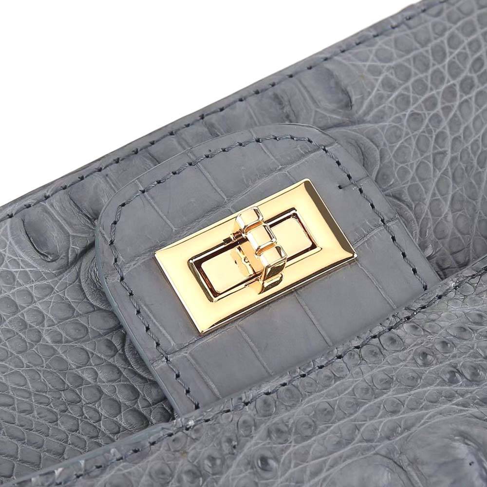 Dark grey crocodile leather flap chain shoulder bag by Rossie Viren, featuring a sleek design and elegant chain strap.