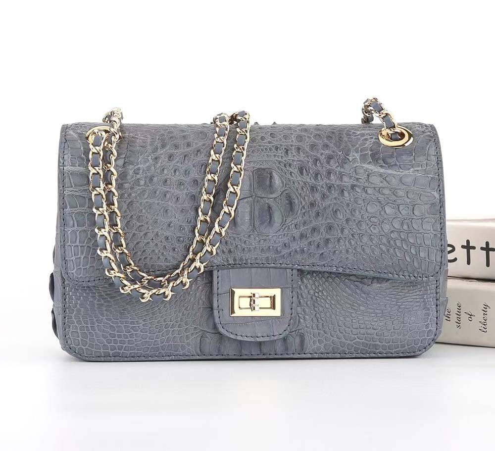 Dark grey crocodile leather flap chain shoulder bag by Rossie Viren, featuring a sleek design and elegant chain strap.