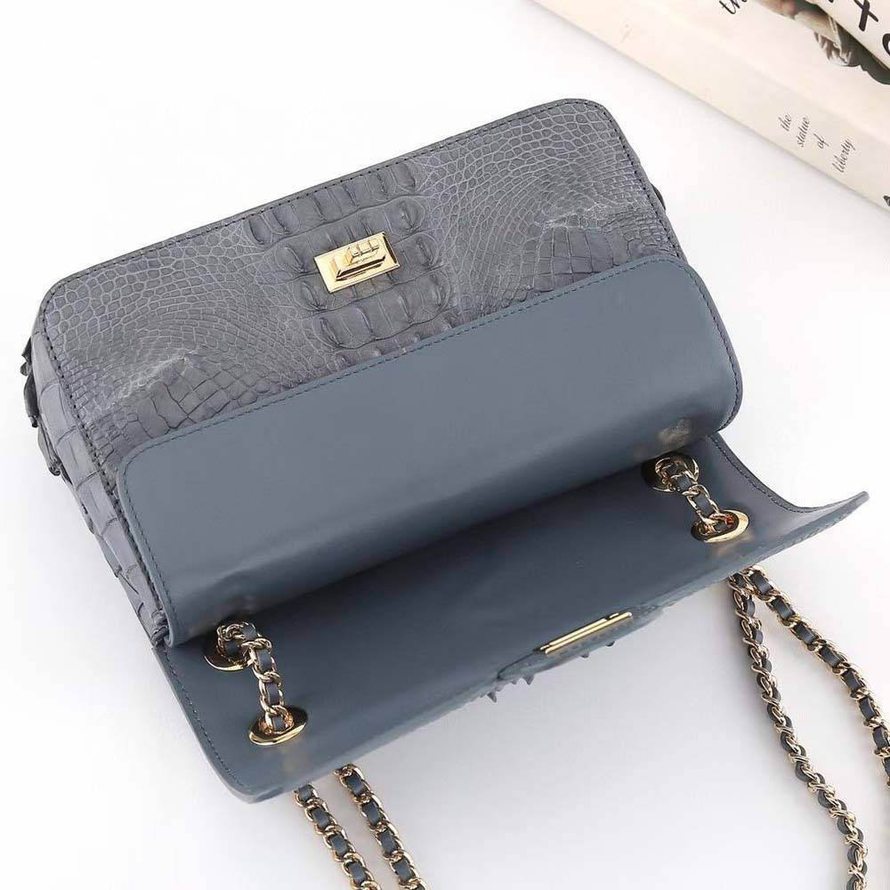 Dark grey crocodile leather flap chain shoulder handbag by Rossie Viren with elegant design and silver-tone hardware.