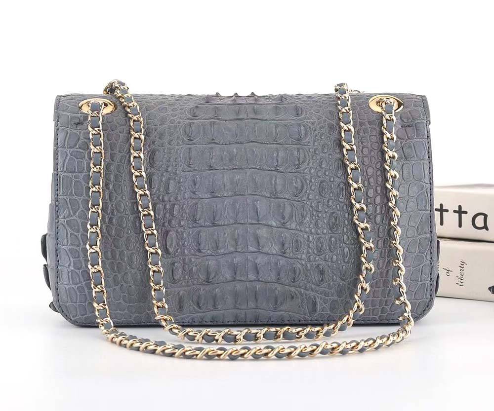 Dark grey crocodile leather flap chain shoulder handbag by Rossie Viren with elegant design and structured shape.