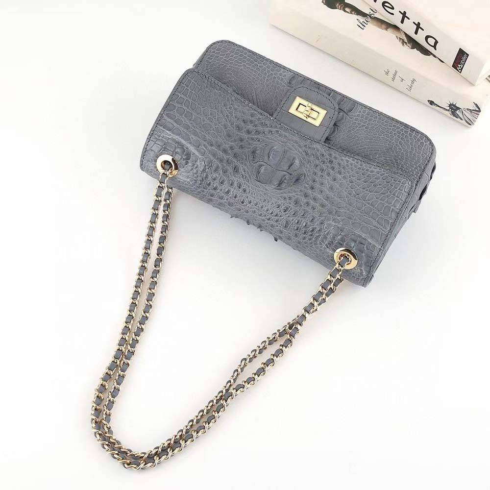 Dark grey crocodile leather flap chain shoulder bag by Rossie Viren with stylish design and structured silhouette.