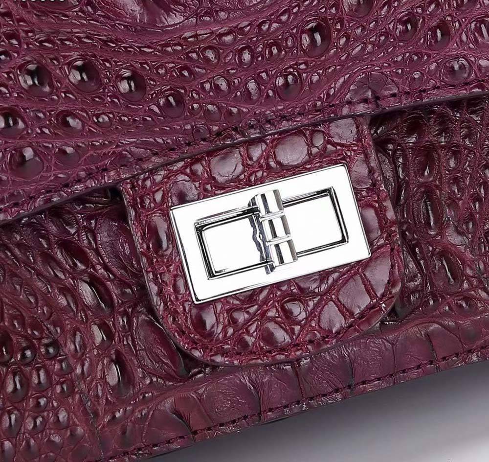Wine red crocodile leather flap chain shoulder bag by Rossie Viren, featuring a stylish design and elegant chain strap.