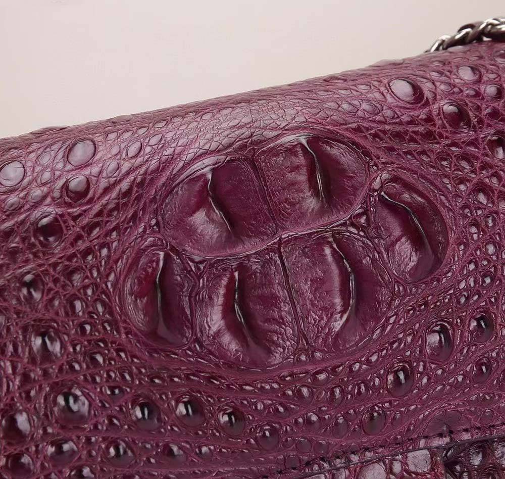 Wine red crocodile leather flap chain shoulder handbag by Rossie Viren, featuring a sleek design and adjustable strap.