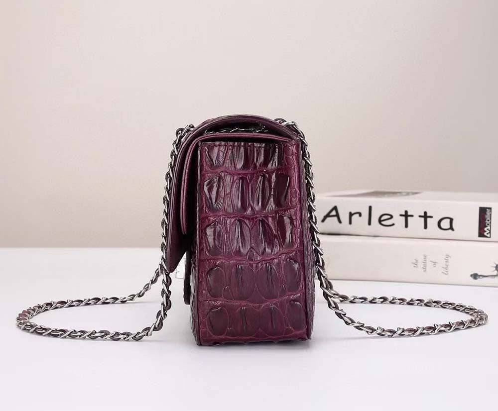 Wine red crocodile leather flap chain shoulder bag by Rossie Viren featuring a sleek design and elegant craftsmanship.