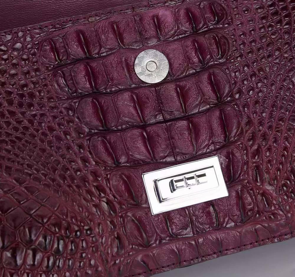 Wine red crocodile leather flap chain shoulder bag by Rossie Viren featuring a stylish design and elegant chain strap.
