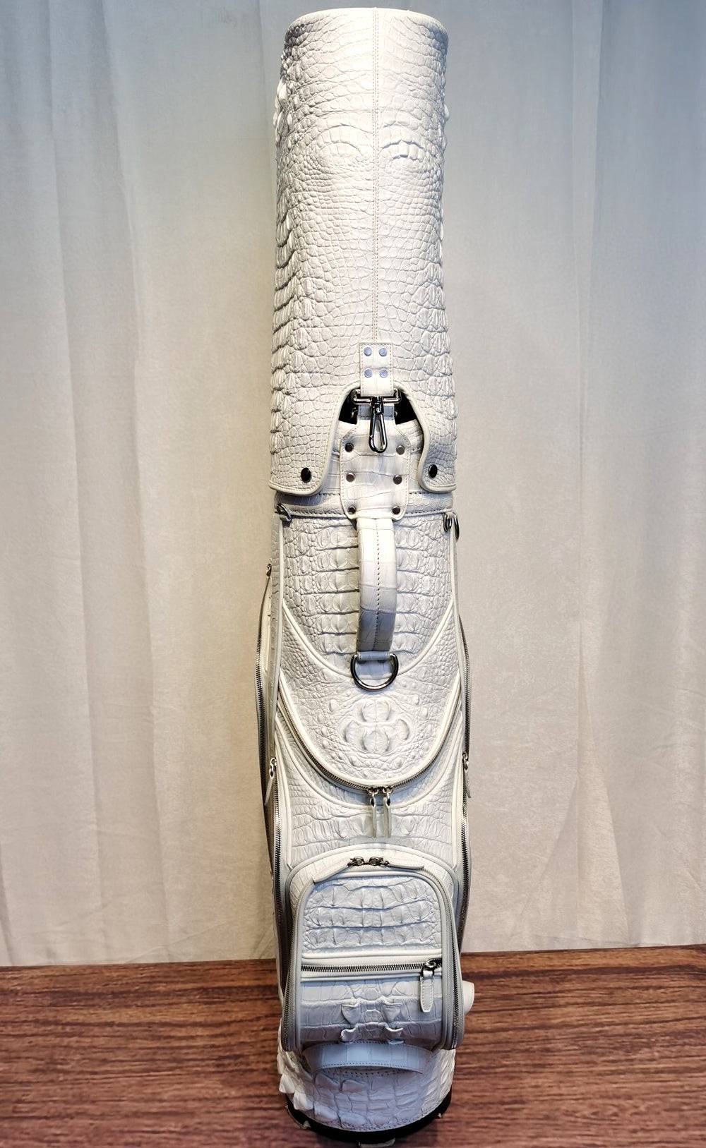 White crocodile leather golf bag set with cart and stand golf bags by Rossie Viren, featuring a luxurious textured design.