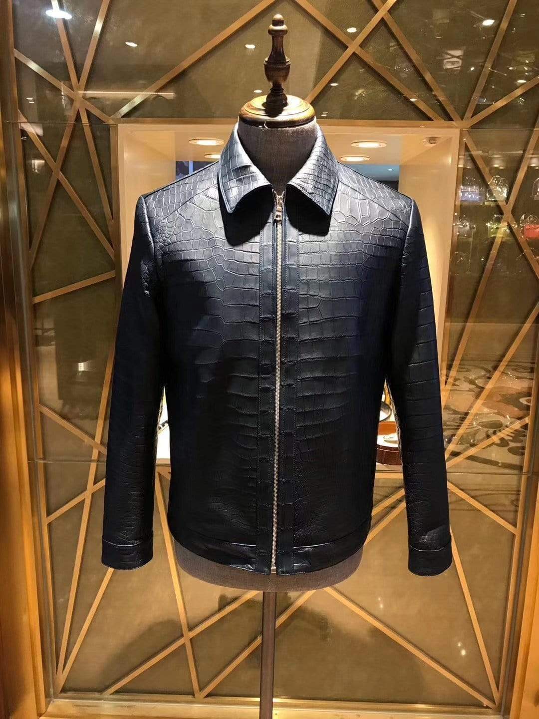 Black crocodile leather jacket for men by Rossie Viren, featuring a sleek design and textured crocodile pattern.