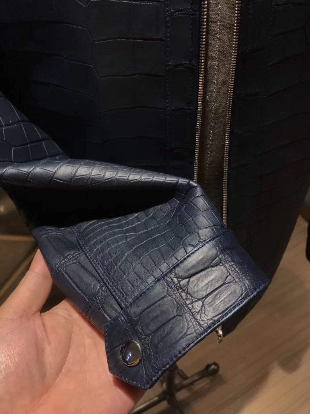 Black crocodile leather jacket for men by Rossie Viren, featuring a sleek, textured crocodile pattern and tailored fit.
