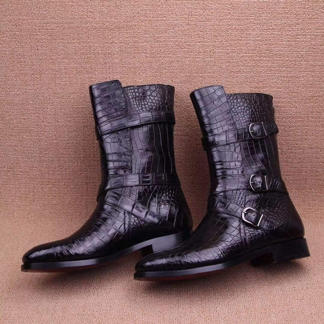 Black crocodile leather long lace-up boots for men by Rossie Viren, showcasing the textured crocodile skin and sleek design.
