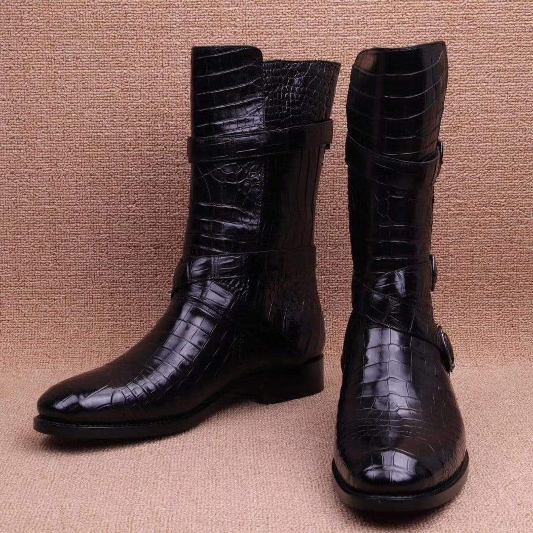 Black crocodile leather long lace-up boots for men by Rossie Viren, showcasing detailed crocodile skin texture and stylish design.