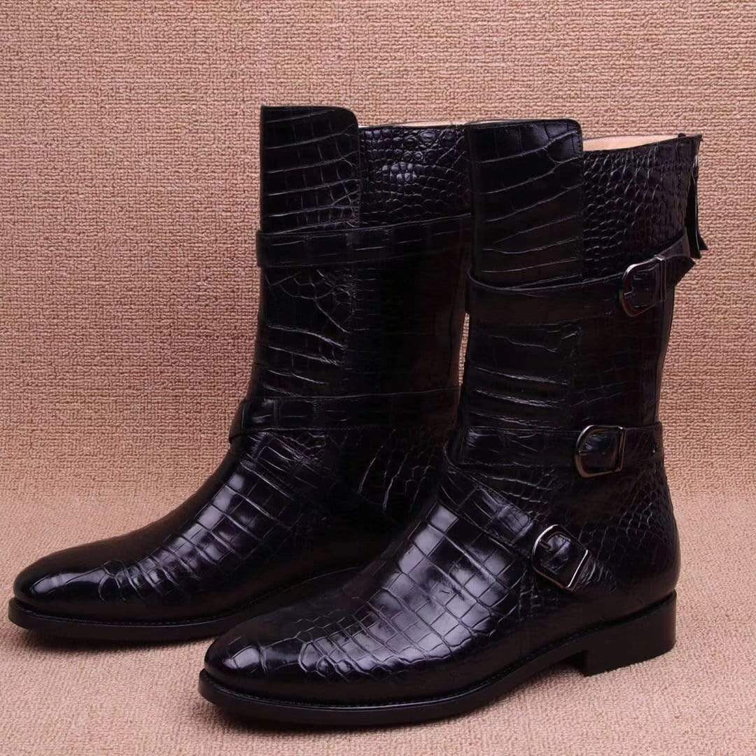 Black Rossie Viren crocodile leather long lace-up boots for men, stylish and durable shoes with textured crocodile pattern.