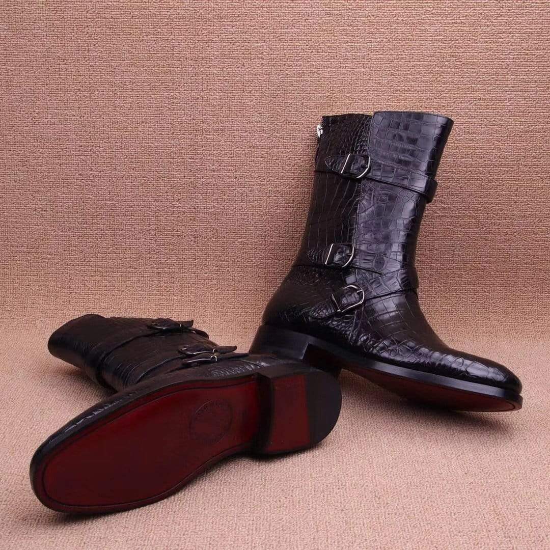Black crocodile leather long lace-up boots for men by Rossie Viren, showcasing detailed crocodile pattern and sleek design.