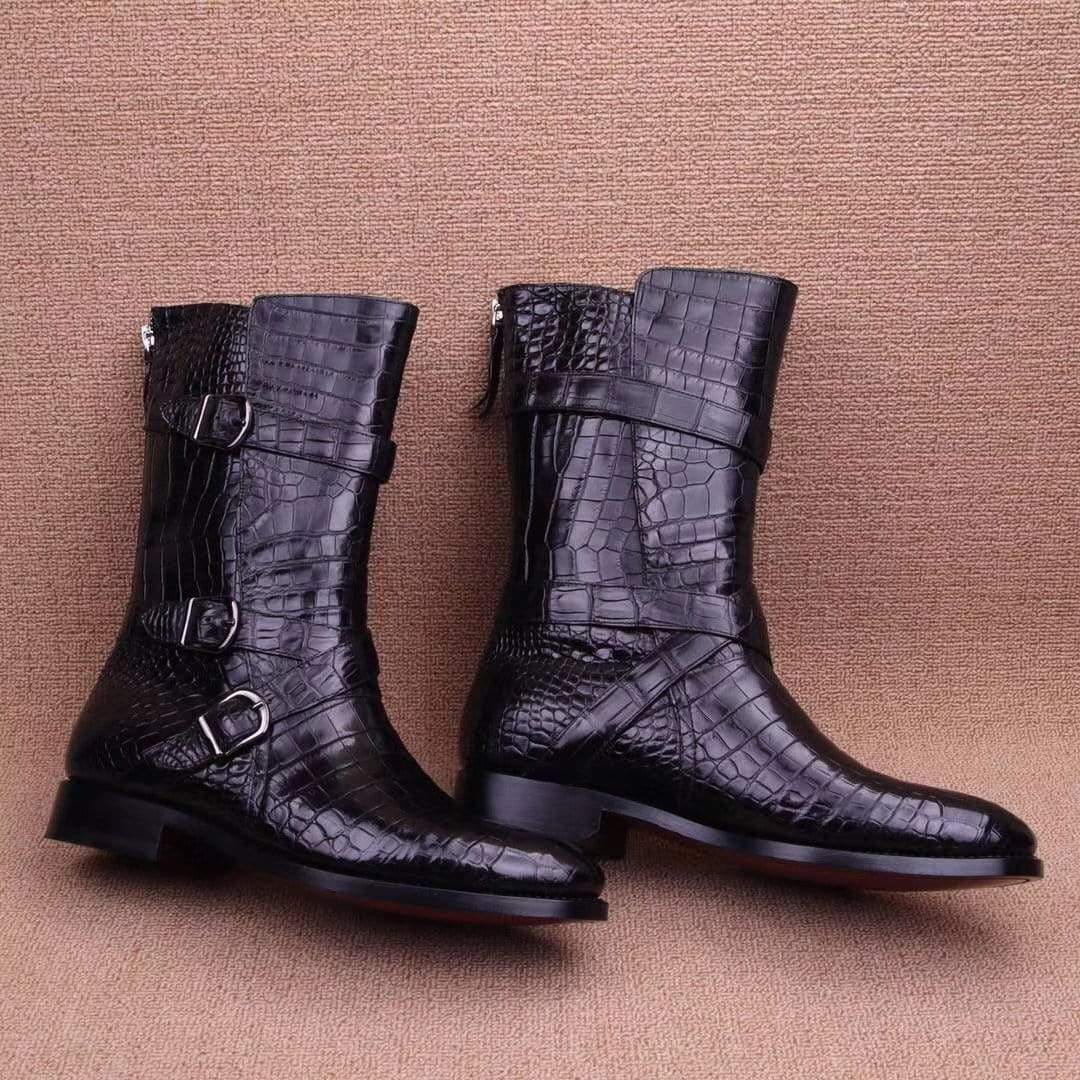 Black crocodile leather long lace-up boots for men by Rossie Viren, featuring a sleek design and detailed crocodile texture.