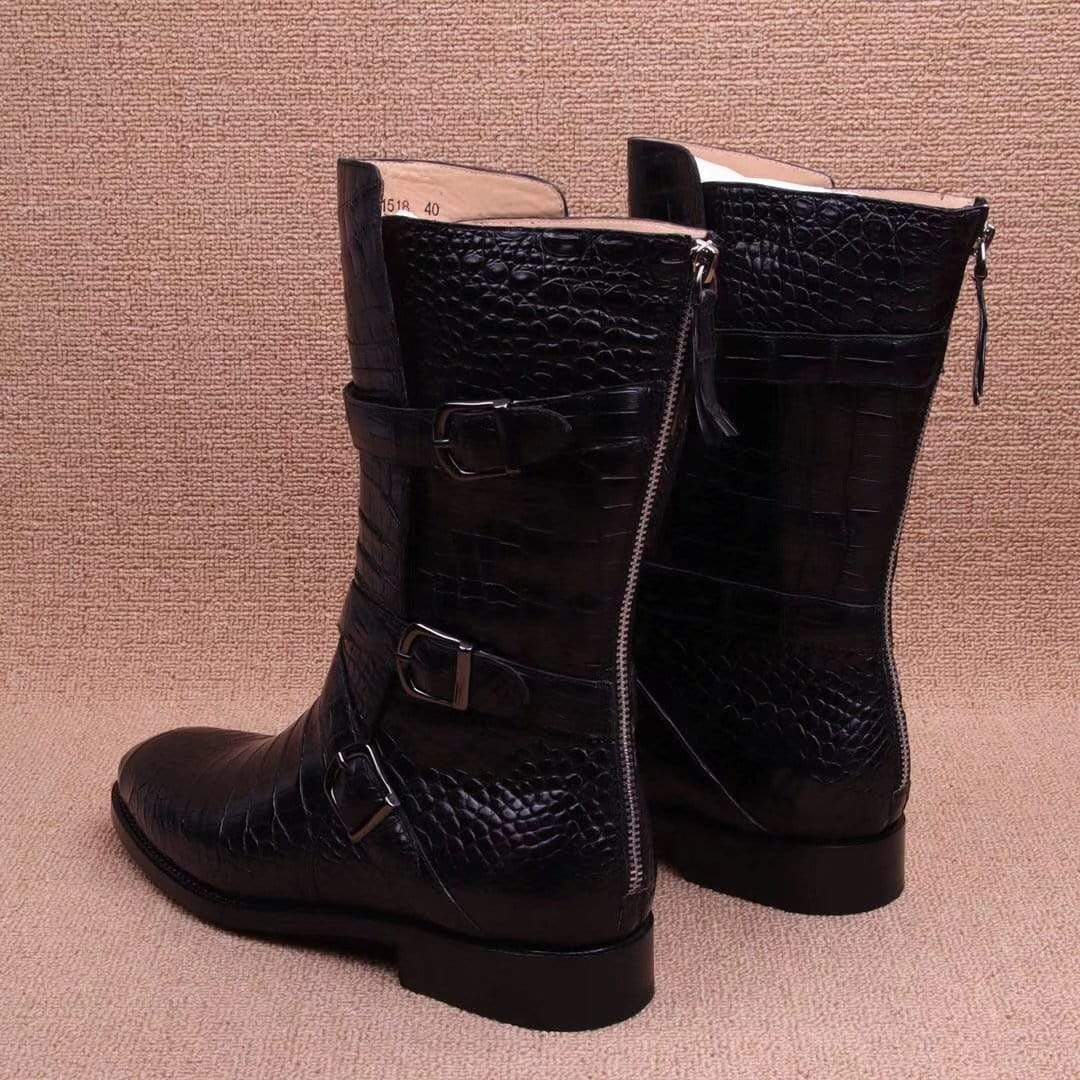 Black crocodile leather long lace-up boots for men by Rossie Viren, showcasing detailed textured crocodile skin and classic shoe design.