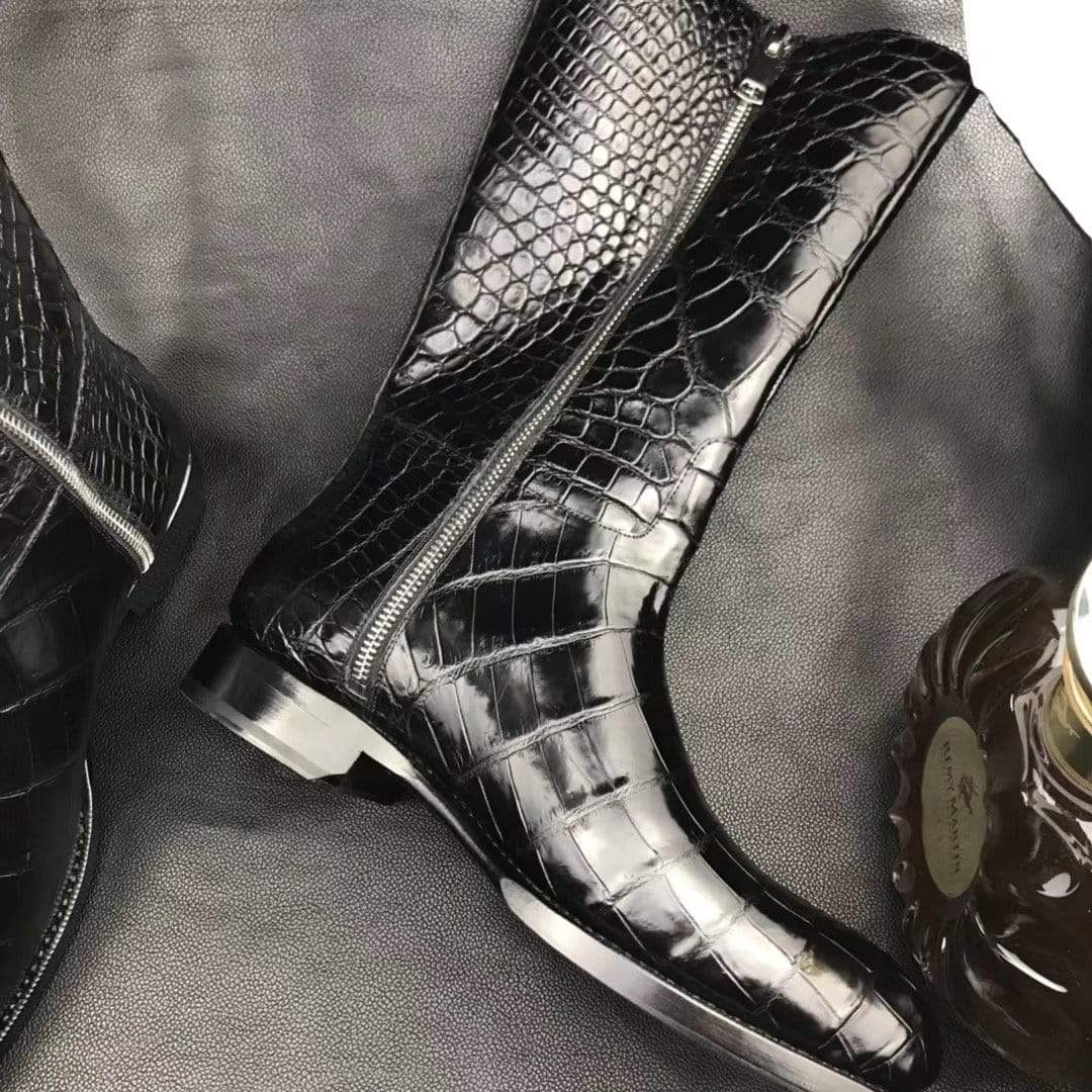 Men's black crocodile leather boots with long side zipper, genuine crocodile shoes by Rossie Viren.