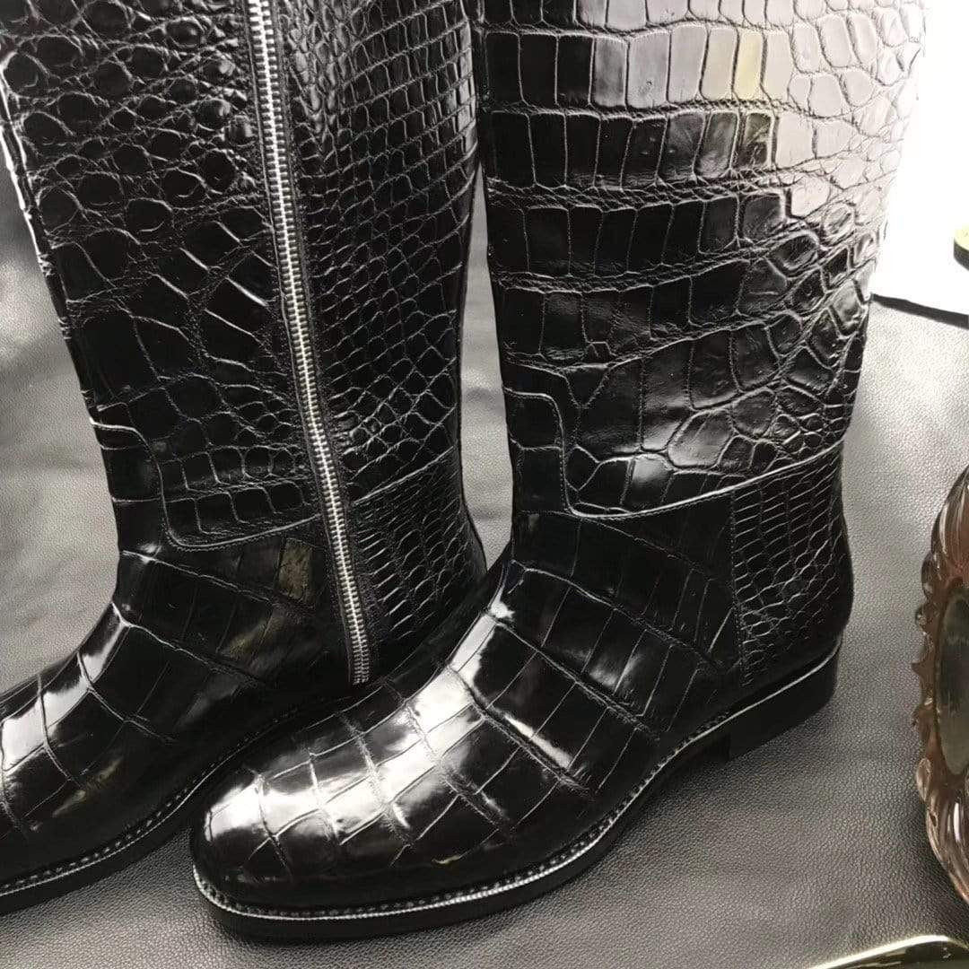 Black men's crocodile leather boots with side zippers, stylish Rossie Viren long crocodile shoes for men.