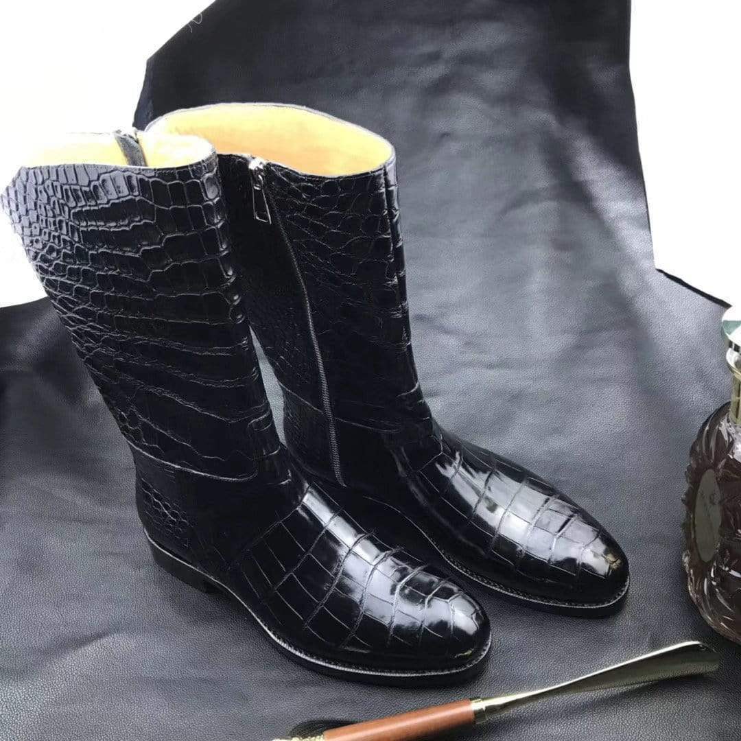 Men's black crocodile leather boots with long side zipper, genuine crocodile shoes by Rossie Viren.