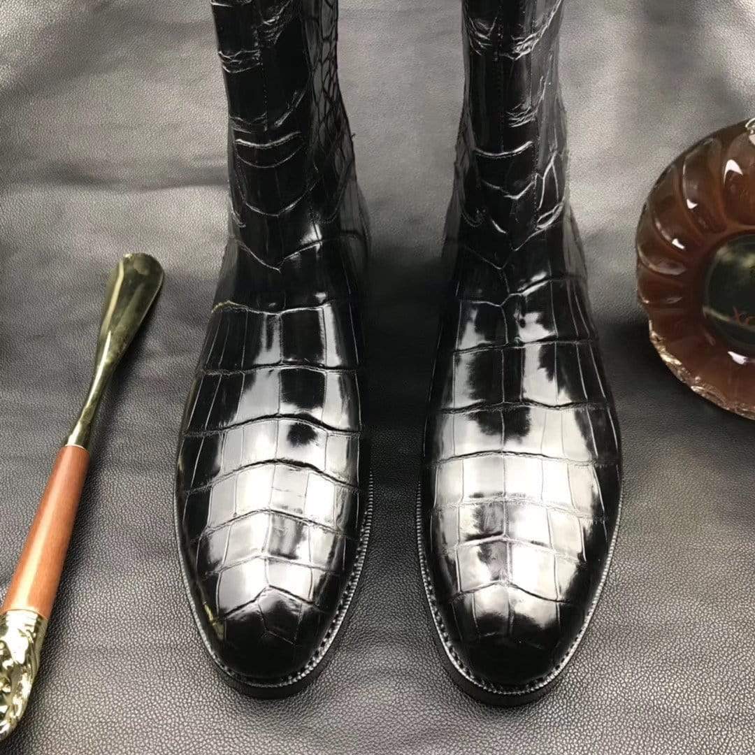 Black genuine crocodile leather men's boots with long side zipper, stylish Crocodile Shoes by Rossie Viren.