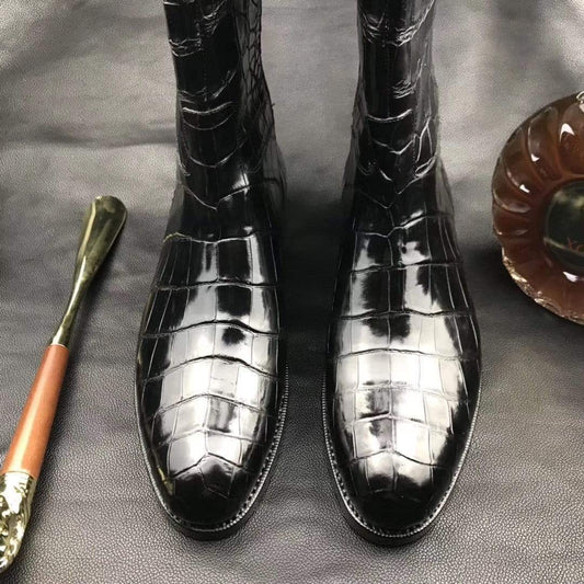 Preorder Mens Boots,Crocodile Boots,Genuine Crocodile Leather Long Side Zip Boots Black