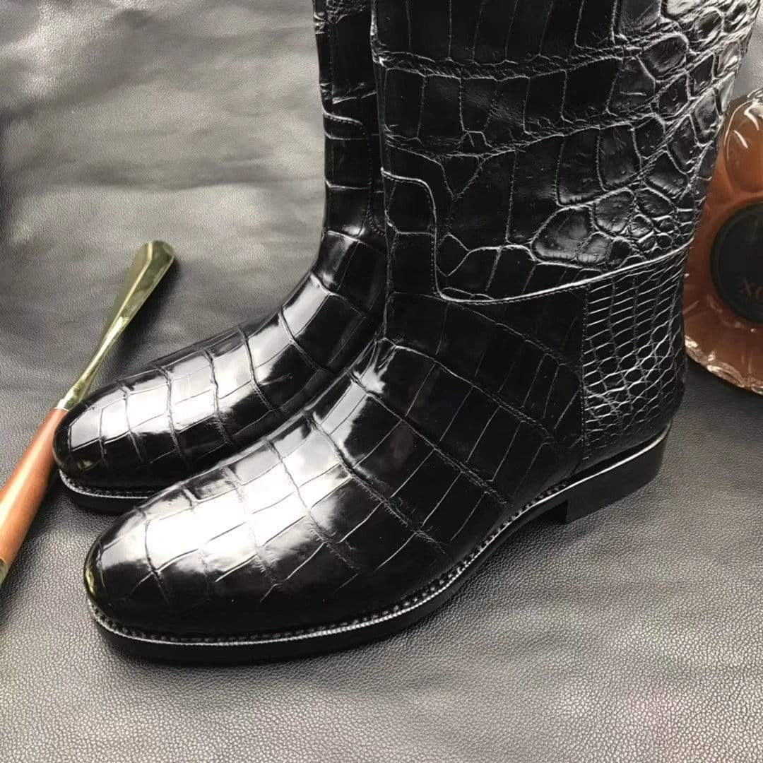 Men's black crocodile leather boots with long side zipper, genuine crocodile shoes by Rossie Viren.
