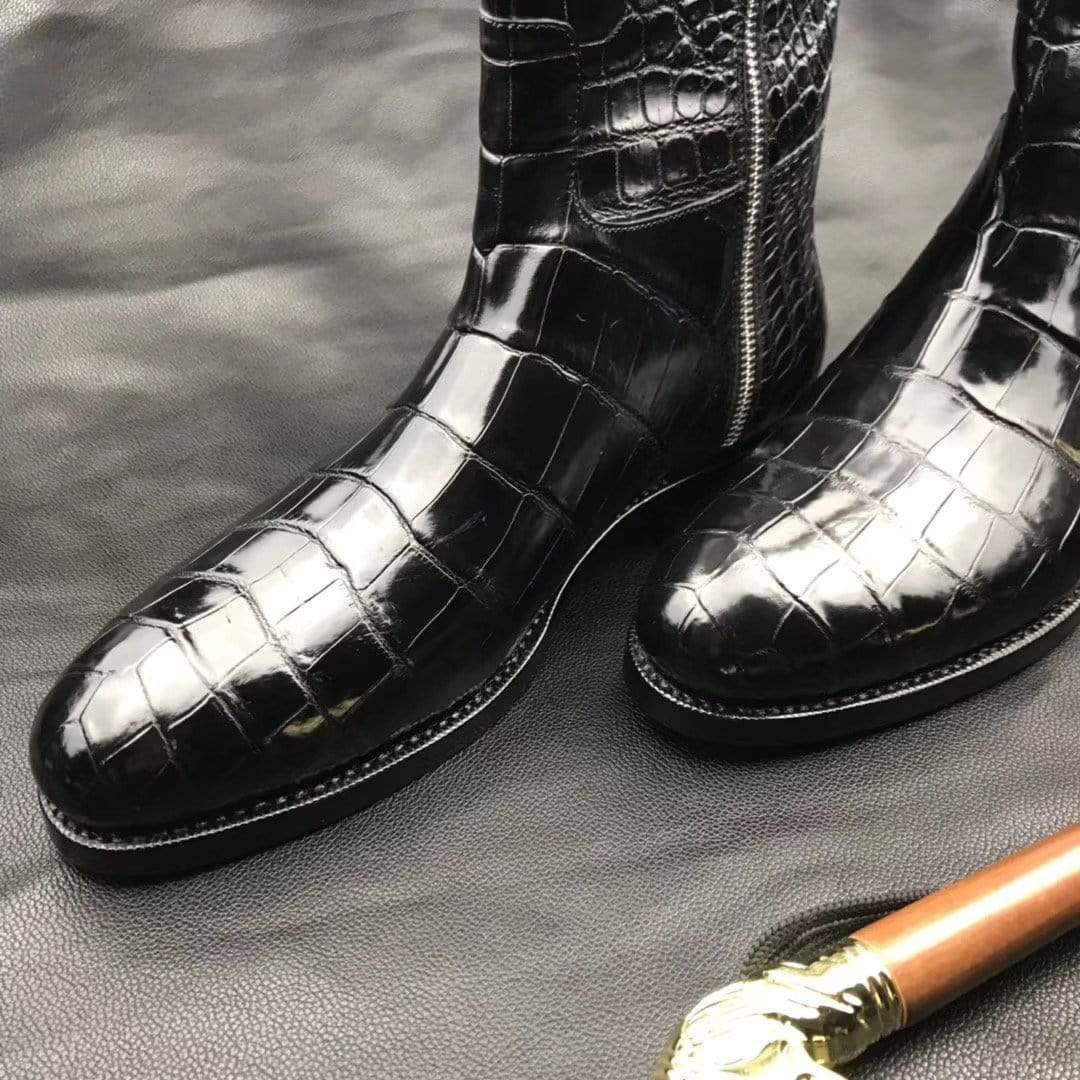 Men's black crocodile leather long side zip boots by Rossie Viren, showcasing authentic crocodile texture and sleek design.
