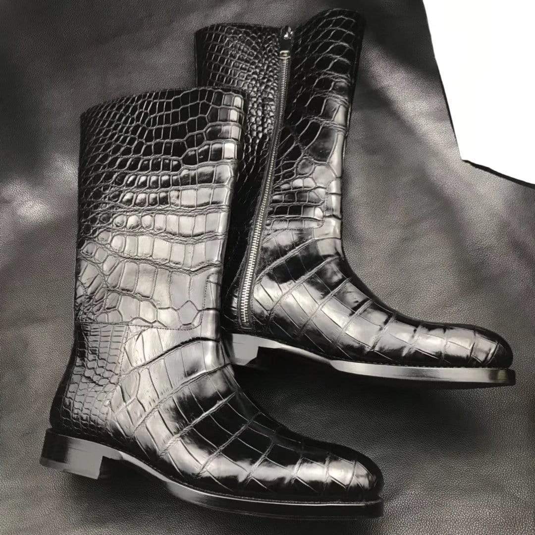 Black genuine crocodile leather men's boots with long side zipper, stylish Crocodile Shoes by Rossie Viren.