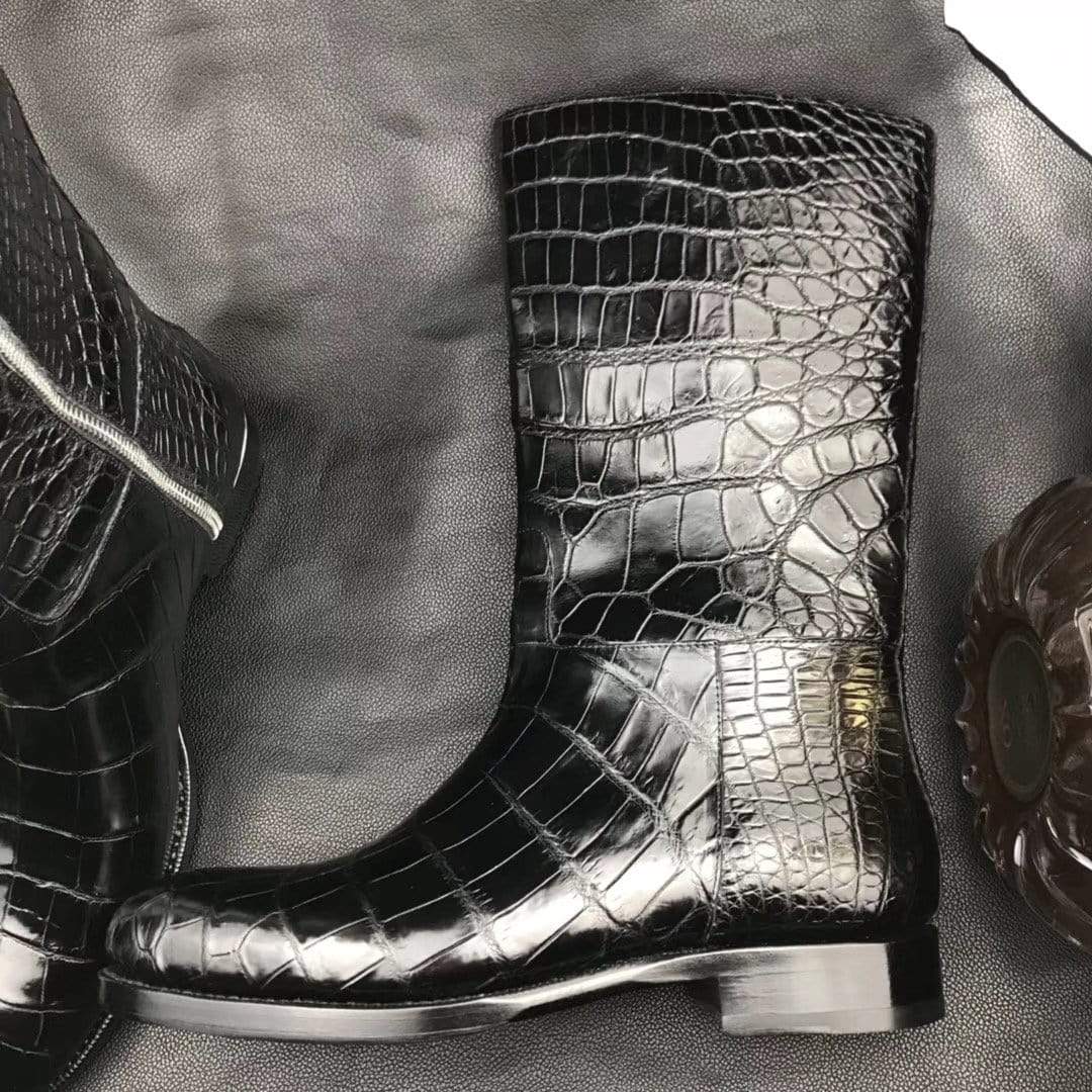 Men's black crocodile leather long side zip boots by Rossie Viren, showcasing authentic crocodile skin and sleek design.