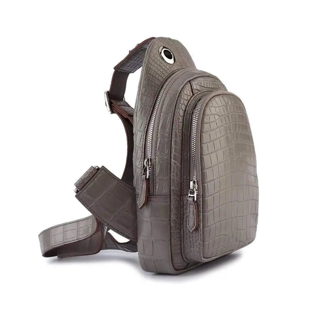 Rossie Viren crocodile leather men's sling chest bag with shoulder strap, ideal for travel, hiking, and everyday use.