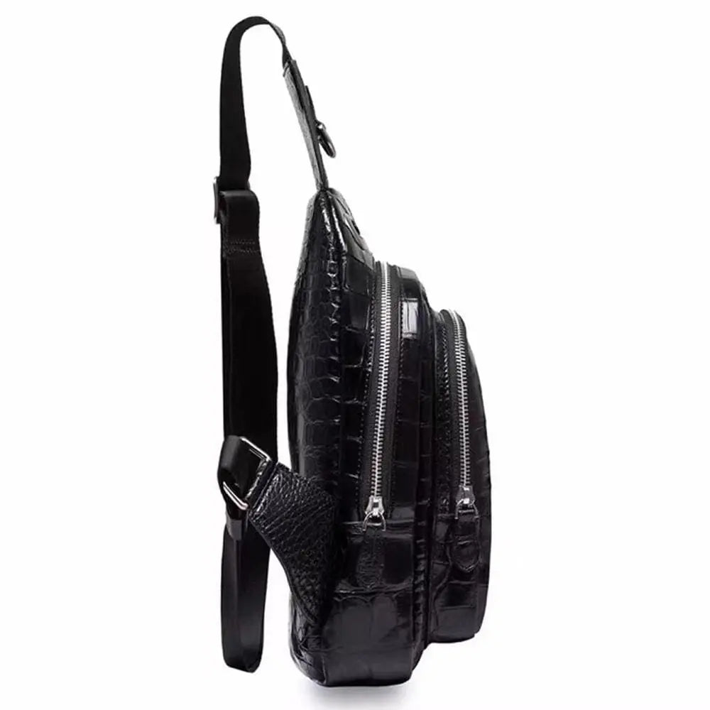 Rossie Viren crocodile leather men's sling chest bag with shoulder strap and multiple compartments for travel and hiking.