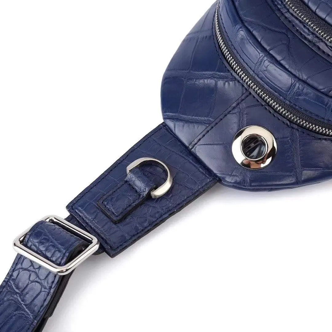 Rossie Viren crocodile leather men's sling chest bag with shoulder strap for travel, hiking, and casual use.