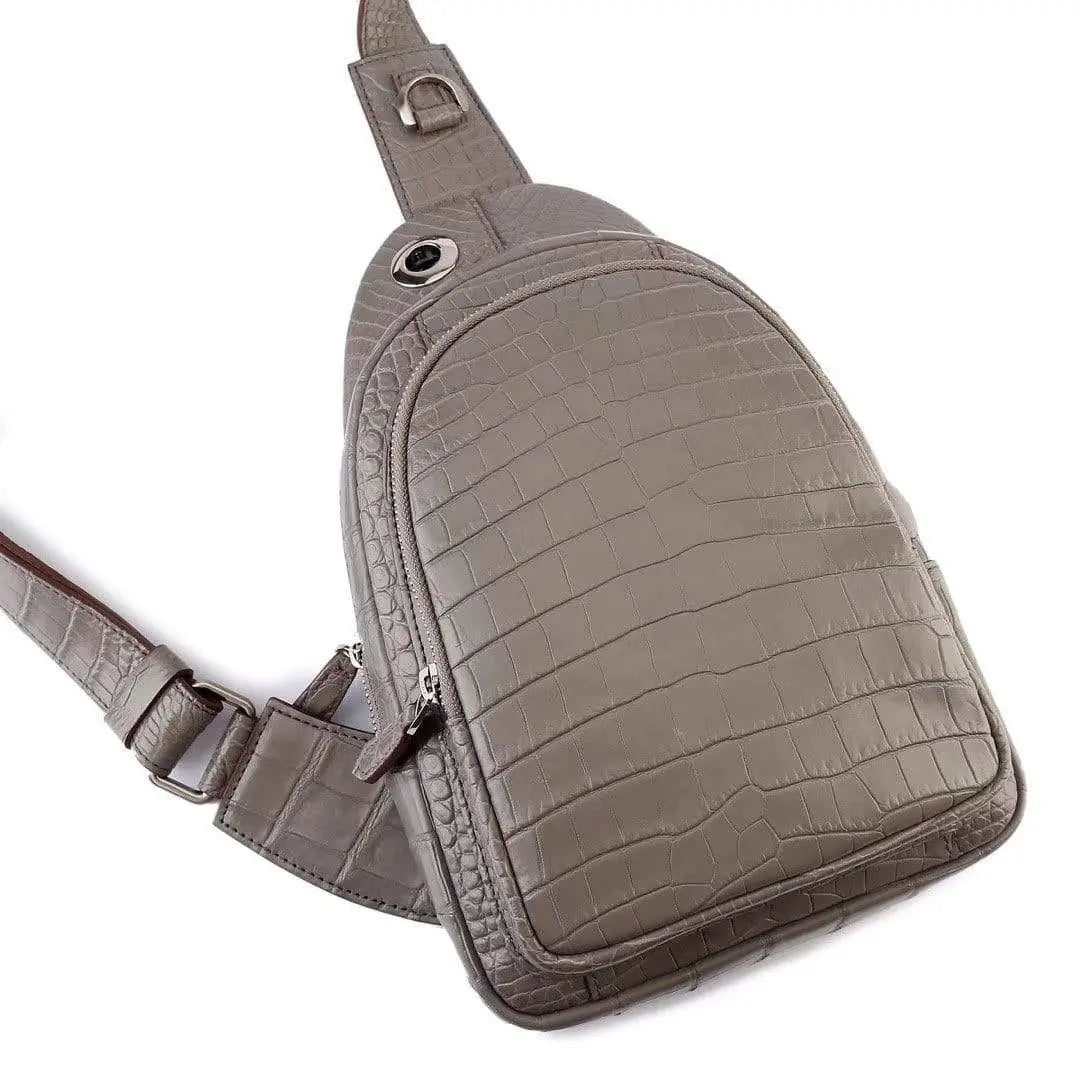 Rossie Viren crocodile leather men's sling chest bag with shoulder strap, ideal for travel, hiking, and everyday use.