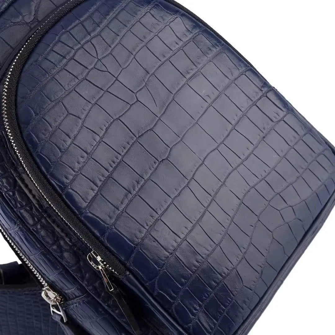 Rossie Viren crocodile leather men's sling chest bag with adjustable shoulder strap, ideal for travel and hiking.