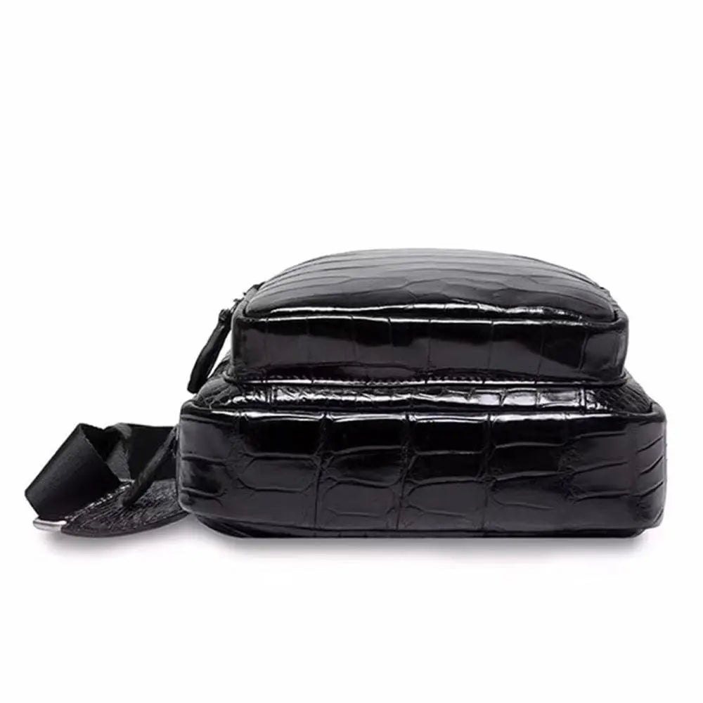 Crocodile leather men's sling chest bag by Rossie Viren featuring a compact messenger style for travel and hiking.