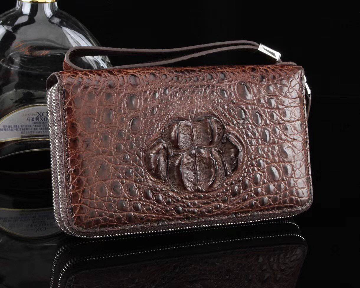 Rossie Viren crocodile leather clutch wallet with multiple compartments, large volume, and credit card slots for organized storage.