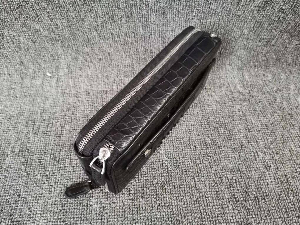 Rossie Viren crocodile leather clutch wallet with multiple compartments, large volume, and credit card slots for organized storage.