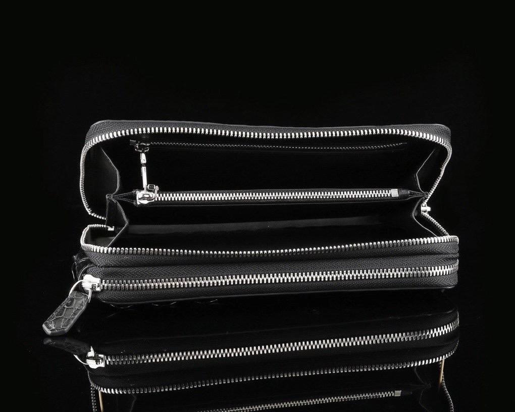Rossie Viren crocodile leather clutch wallet with multiple compartments and large volume for credit cards and essentials.