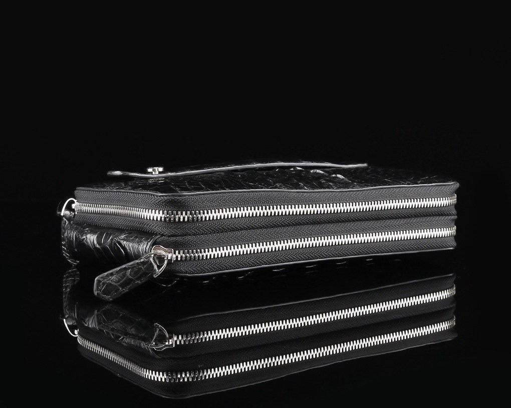 Rossie Viren crocodile leather clutch wallet with multiple compartments and large capacity for credit cards and cash.