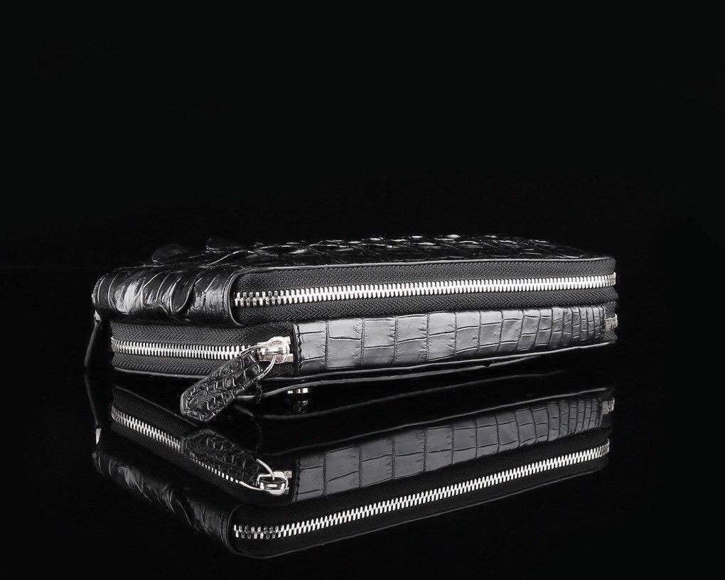 Rossie Viren crocodile leather clutch wallet with multiple compartments and large capacity for credit cards and cash.