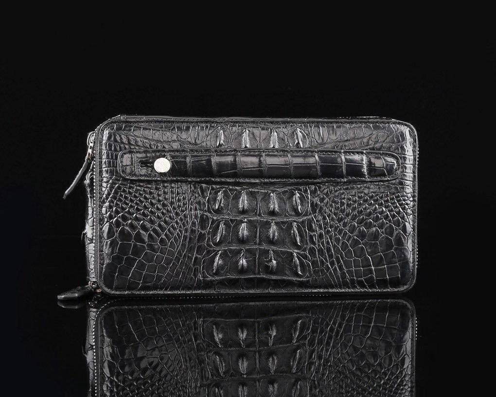 Rossie Viren crocodile leather clutch wallet with multiple compartments and large capacity for credit cards and cash.