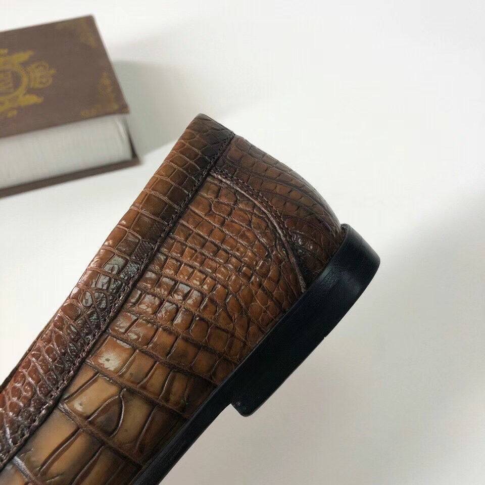 Crocodile Shoes Crocodile  Leather Shoes Mens Slip-On Driving Loafer Shoes Vintage Brown